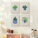 The four Blue Pot Houseplants mini canvases on a wall above a shelf