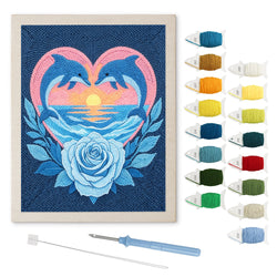 Blue Rose Dolphins punch needle kit: finished canvas with threads, punch needle and threader