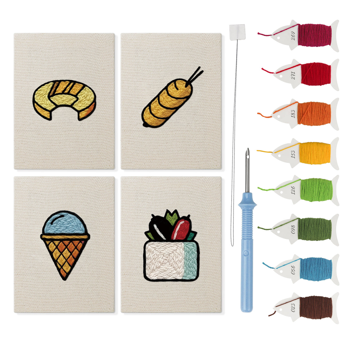Blue Scoop Cone mini punch needle kit set: four finished canvases with threads, punch needle and threader