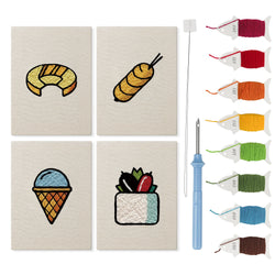 Blue Scoop Cone mini punch needle kit set: four finished canvases with threads, punch needle and threader