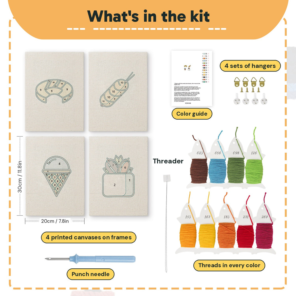 What is in the Blue Scoop Cone set, 8 × 12 in (20 × 30 cm) each: 4 printed canvases, punch needle, threader, threads, color guide and 4 sets of hangers