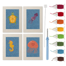 Blue Sea Friends mini punch needle kit set: four finished canvases with threads, punch needle and threader