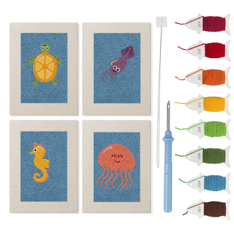 Blue Sea Friends mini punch needle kit set: four finished canvases with threads, punch needle and threader