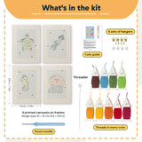 What is in the Blue Sea Friends set: 4 printed canvases, punch needle, threader, threads, color guide and 4 sets of hangers (6 × 8 in (15 × 20 cm) each)