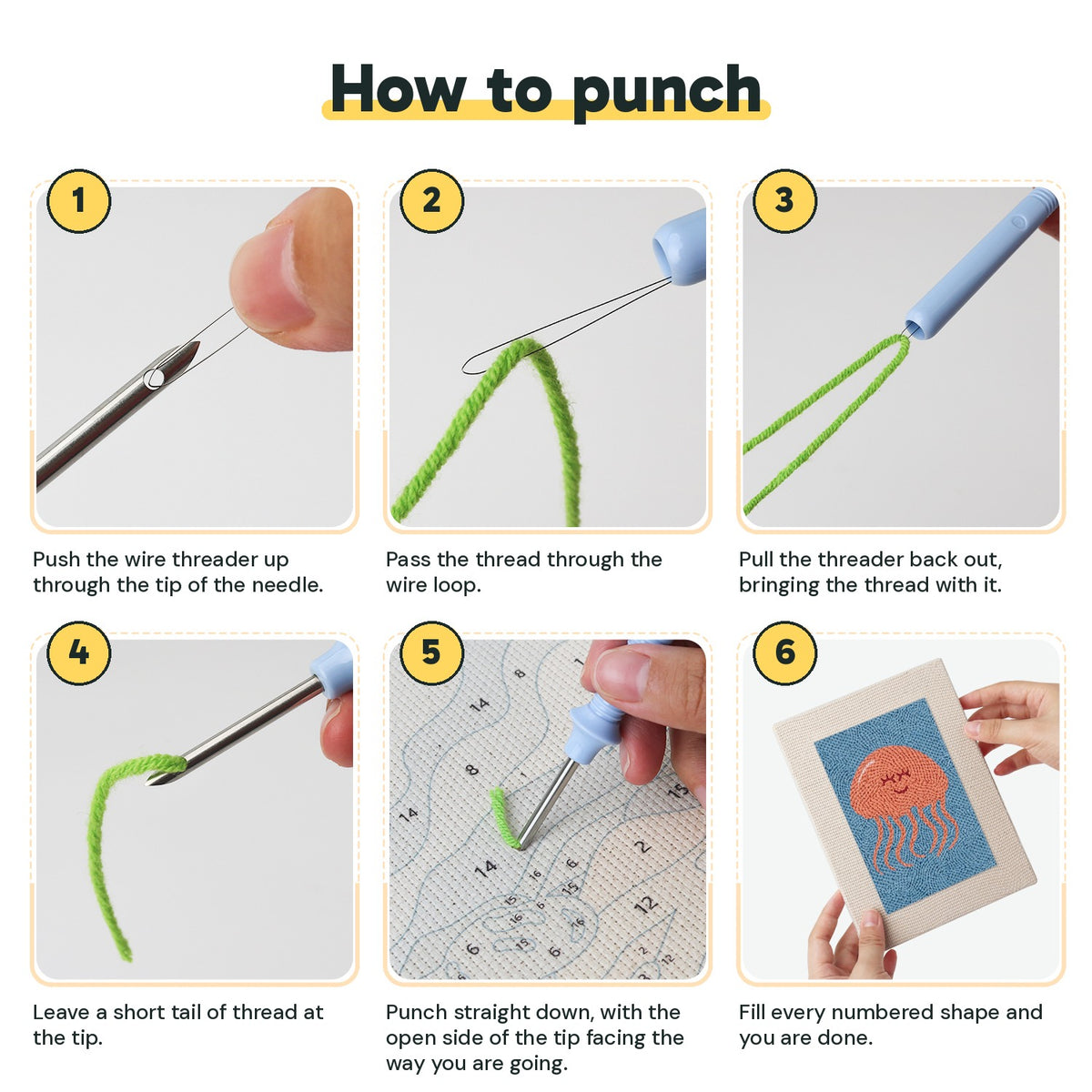 Six steps showing how to thread and use the punch needle