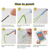 Six steps showing how to thread and use the punch needle