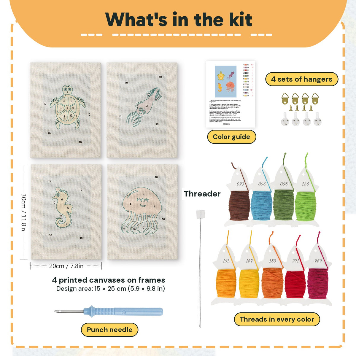 What is in the Blue Sea Friends set, 8 × 12 in (20 × 30 cm) each: 4 printed canvases, punch needle, threader, threads, color guide and 4 sets of hangers