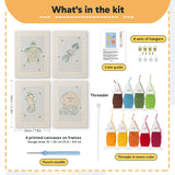 What is in the Blue Sea Friends set, 8 × 12 in (20 × 30 cm) each: 4 printed canvases, punch needle, threader, threads, color guide and 4 sets of hangers