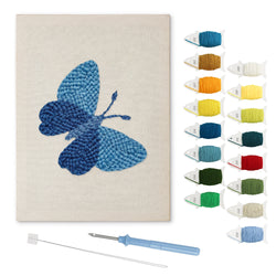 Blue Shades Butterfly punch needle kit: finished canvas with threads, punch needle and threader