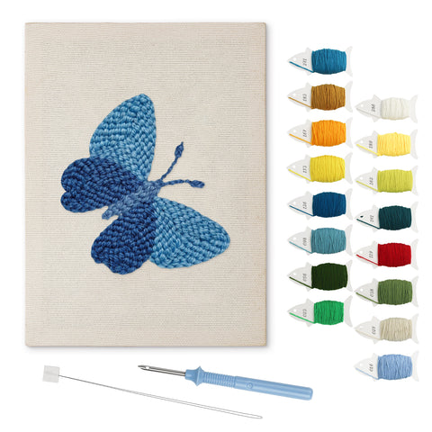 Blue Shades Butterfly punch needle kit: finished canvas with threads, punch needle and threader