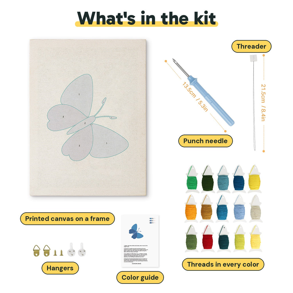What is in the Blue Shades Butterfly kit: printed canvas, punch needle, threader, threads, color guide and hangers