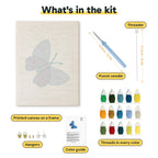 What is in the Blue Shades Butterfly kit: printed canvas, punch needle, threader, threads, color guide and hangers