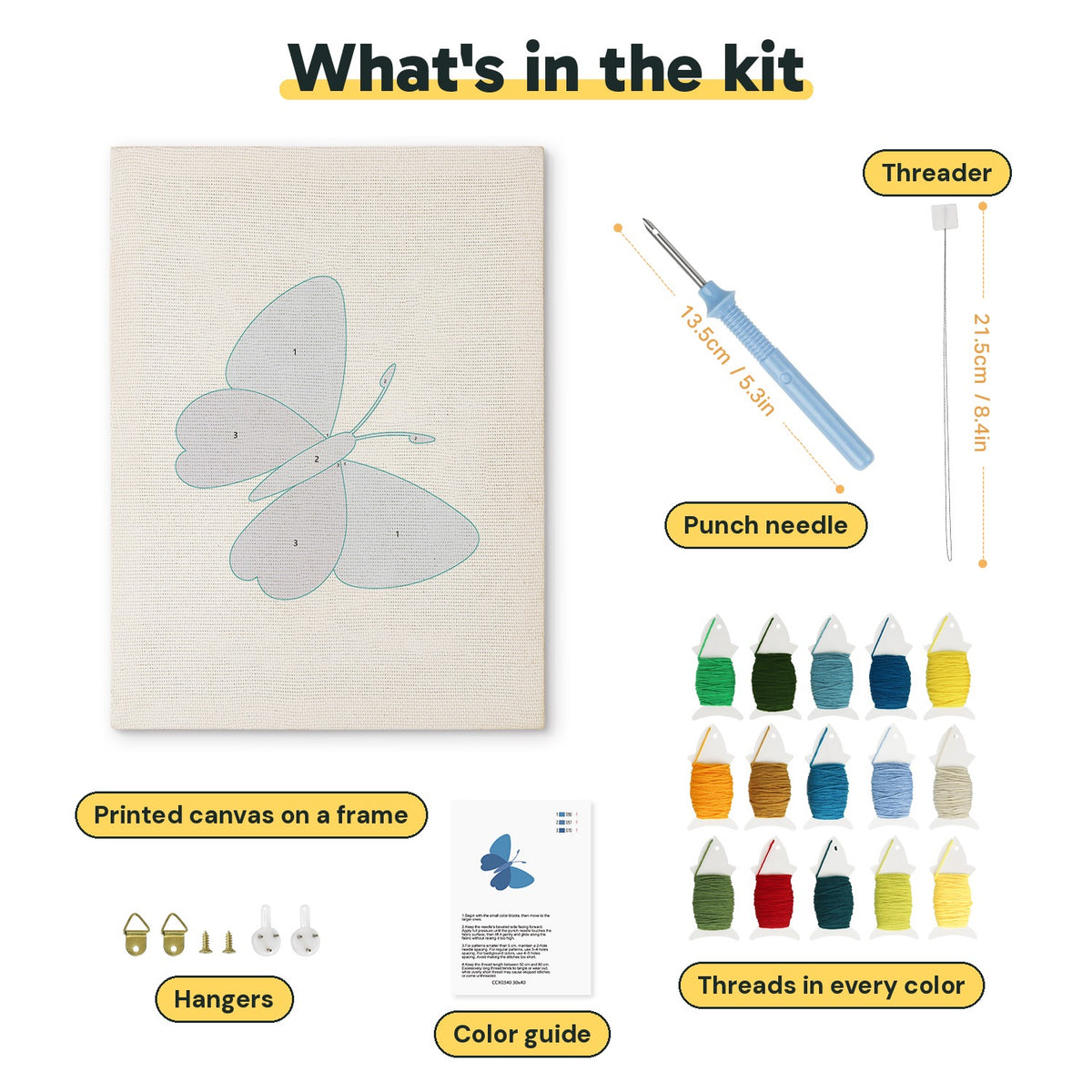 What is in the Blue Shades Butterfly kit: printed canvas, punch needle, threader, threads, color guide and hangers