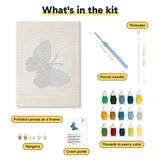 What is in the Blue Shades Butterfly kit: printed canvas, punch needle, threader, threads, color guide and hangers