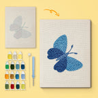 Blue Shades Butterfly canvas before and after punching, with the threads and tools