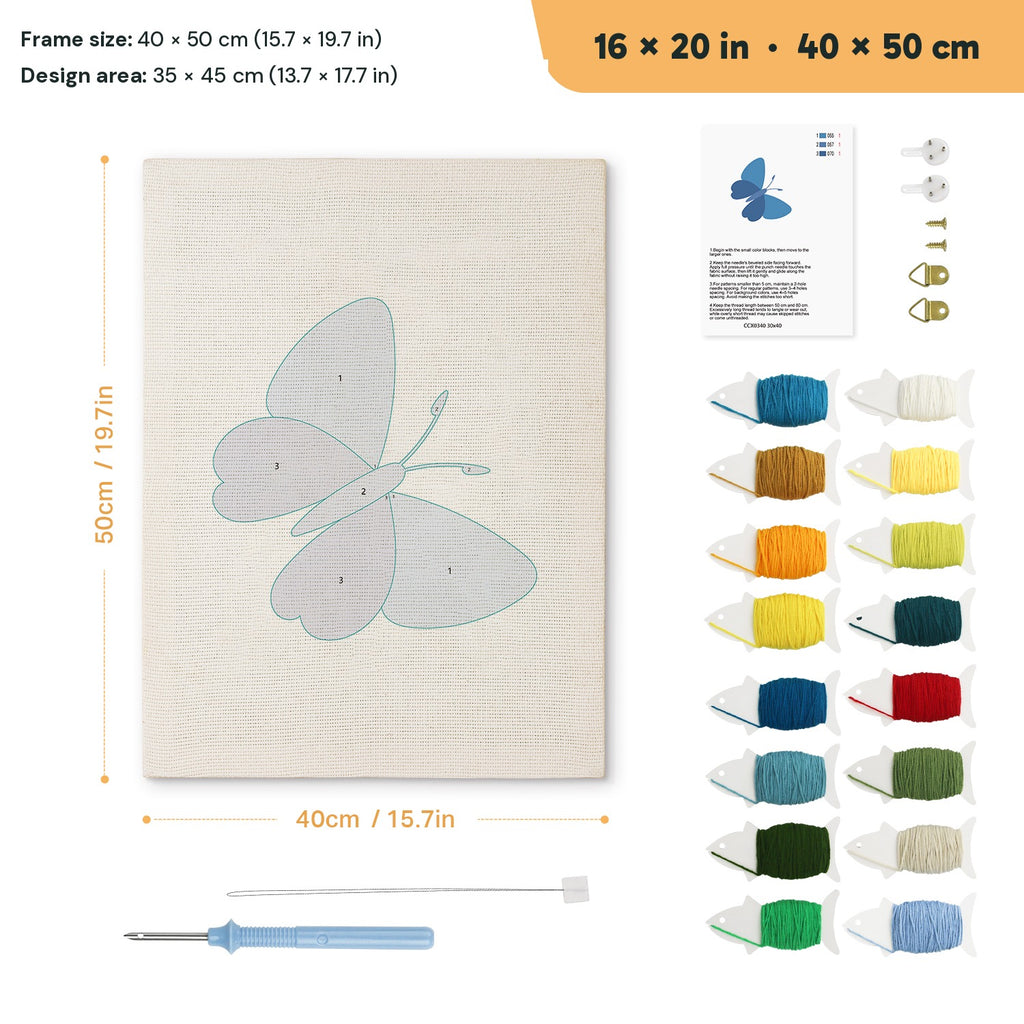 Blue Shades Butterfly punch needle kit, 16 × 20 in (40 × 50 cm): canvas size and kit contents