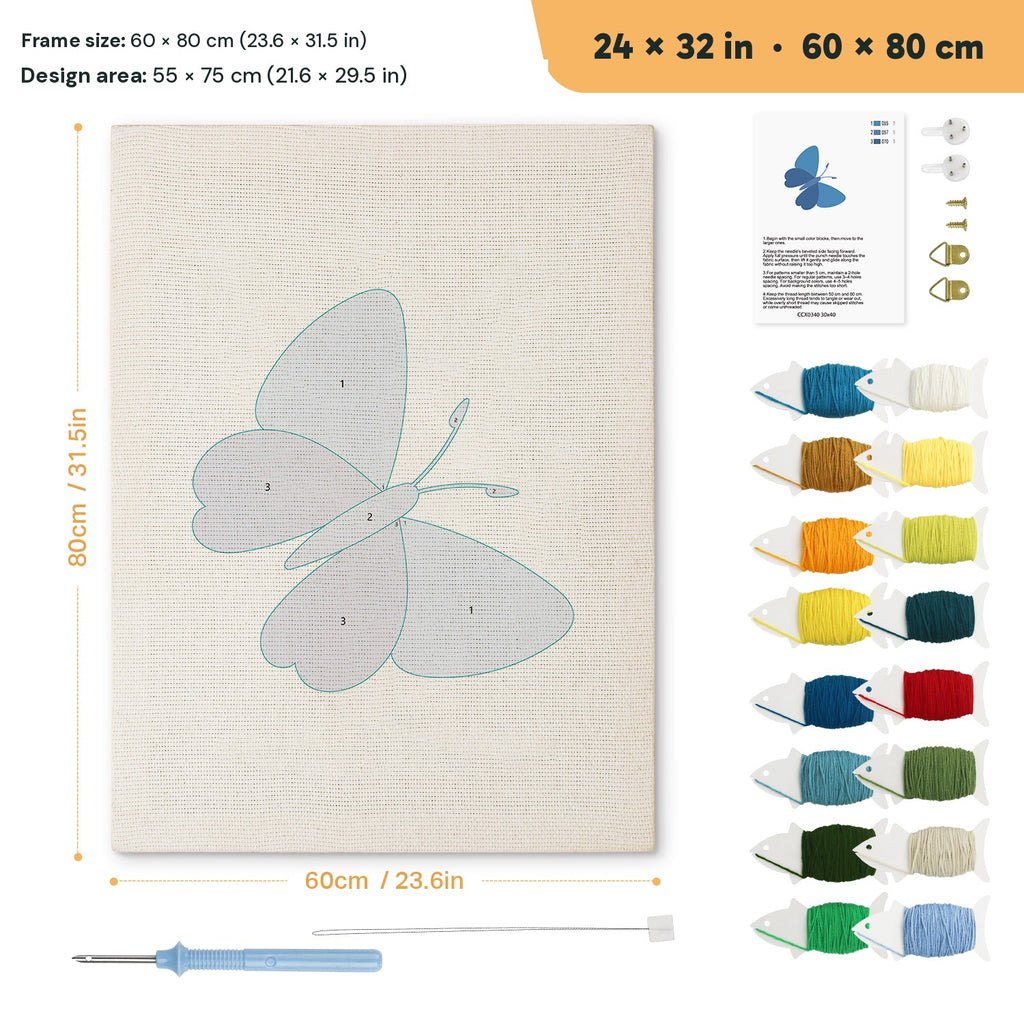 Blue Shades Butterfly punch needle kit, 24 × 32 in (60 × 80 cm): canvas size and kit contents