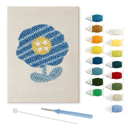 Blue Striped Flower punch needle kit: finished canvas with threads, punch needle and threader