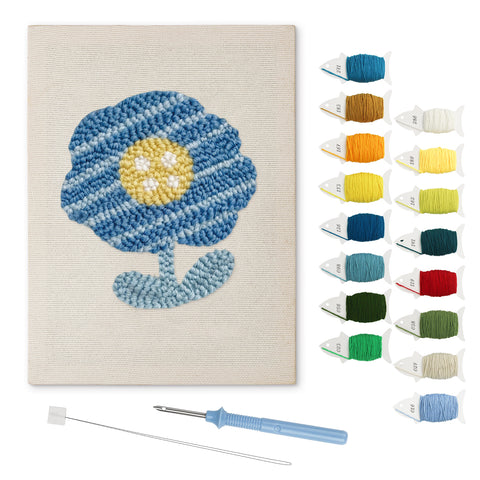 Blue Striped Flower punch needle kit: finished canvas with threads, punch needle and threader