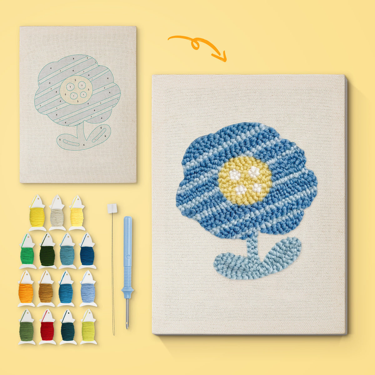 Blue Striped Flower canvas before and after punching, with the threads and tools