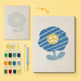 Blue Striped Flower canvas before and after punching, with the threads and tools