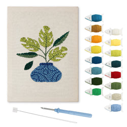 Blue Vase Leaves punch needle kit: finished canvas with threads, punch needle and threader