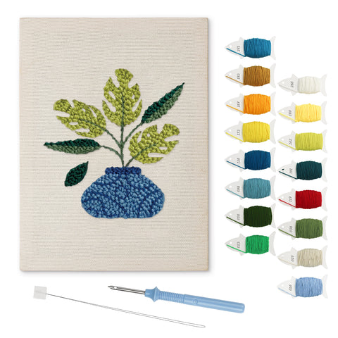 Blue Vase Leaves punch needle kit: finished canvas with threads, punch needle and threader