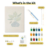 What is in the Blue Vase Leaves kit: printed canvas, punch needle, threader, threads, color guide and hangers