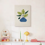 Finished Blue Vase Leaves punch needle canvas on a wall