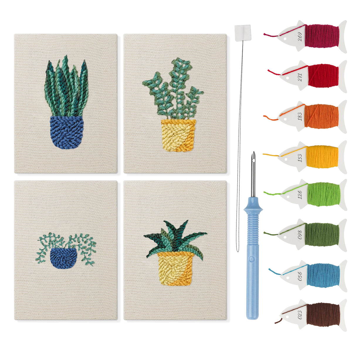Blue Yellow Planters mini punch needle kit set: four finished canvases with threads, punch needle and threader