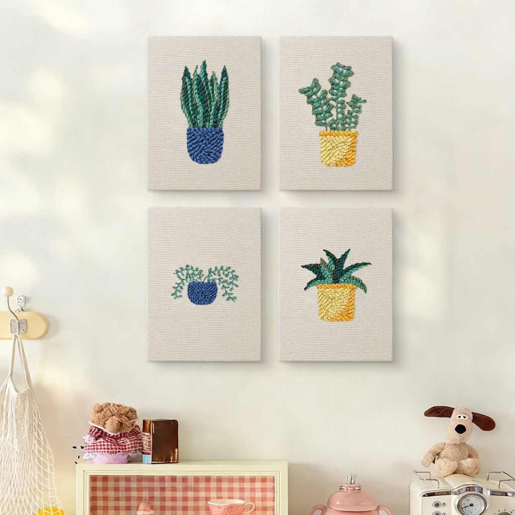 The four Blue Yellow Planters mini canvases on a wall above a shelf