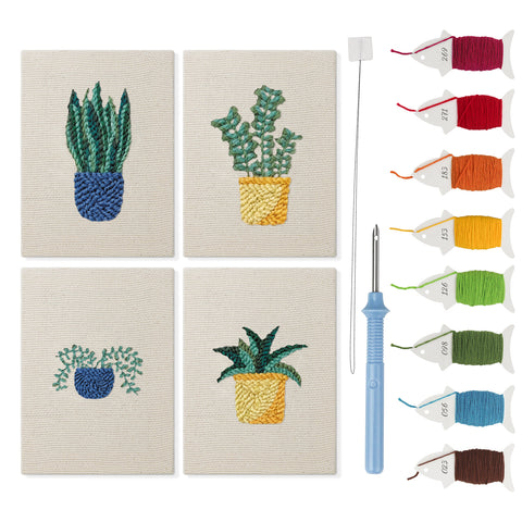Blue Yellow Planters mini punch needle kit set: four finished canvases with threads, punch needle and threader