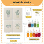 What is in the Blue Yellow Planters set: 4 printed canvases, punch needle, threader, threads, color guide and 4 sets of hangers (6 × 8 in (15 × 20 cm) each)