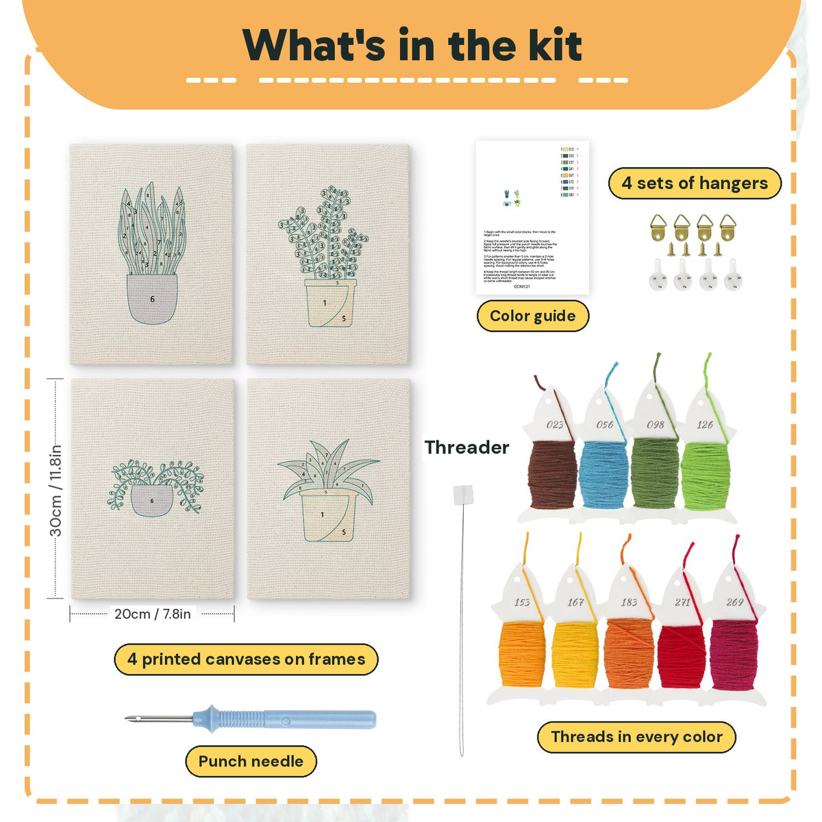 What is in the Blue Yellow Planters set, 8 × 12 in (20 × 30 cm) each: 4 printed canvases, punch needle, threader, threads, color guide and 4 sets of hangers
