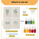What is in the Blue Yellow Planters set, 8 × 12 in (20 × 30 cm) each: 4 printed canvases, punch needle, threader, threads, color guide and 4 sets of hangers