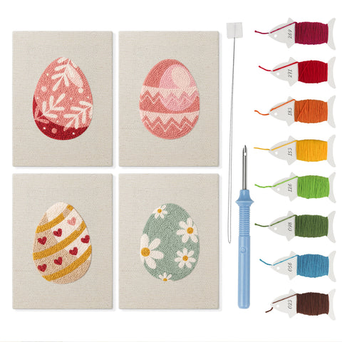 Blush Easter Eggs mini punch needle kit set: four finished canvases with threads, punch needle and threader