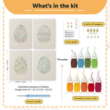 What is in the Blush Easter Eggs set: 4 printed canvases, punch needle, threader, threads, color guide and 4 sets of hangers (6 × 8 in (15 × 20 cm) each)