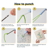 Six steps showing how to thread and use the punch needle