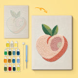 Blush Peach canvas before and after punching, with the threads and tools