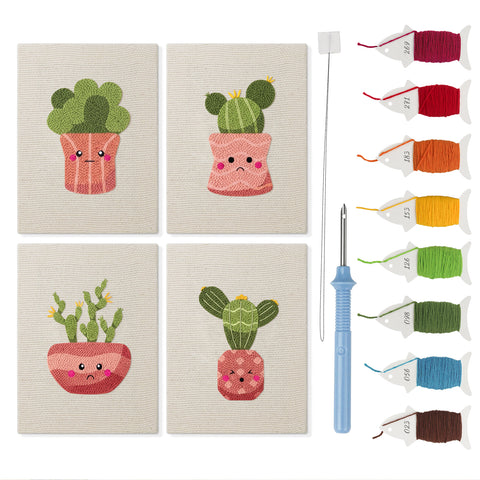 Blushing Coral Pots mini punch needle kit set: four finished canvases with threads, punch needle and threader