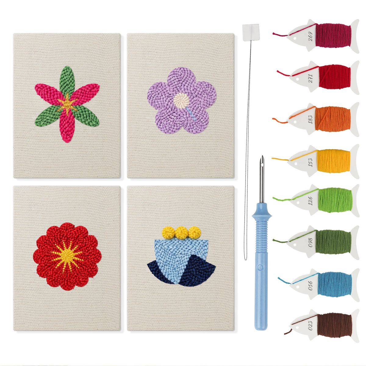 Bold Flower Heads mini punch needle kit set: four finished canvases with threads, punch needle and threader