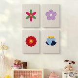 The four Bold Flower Heads mini canvases on a wall above a shelf
