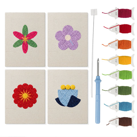 Bold Flower Heads mini punch needle kit set: four finished canvases with threads, punch needle and threader