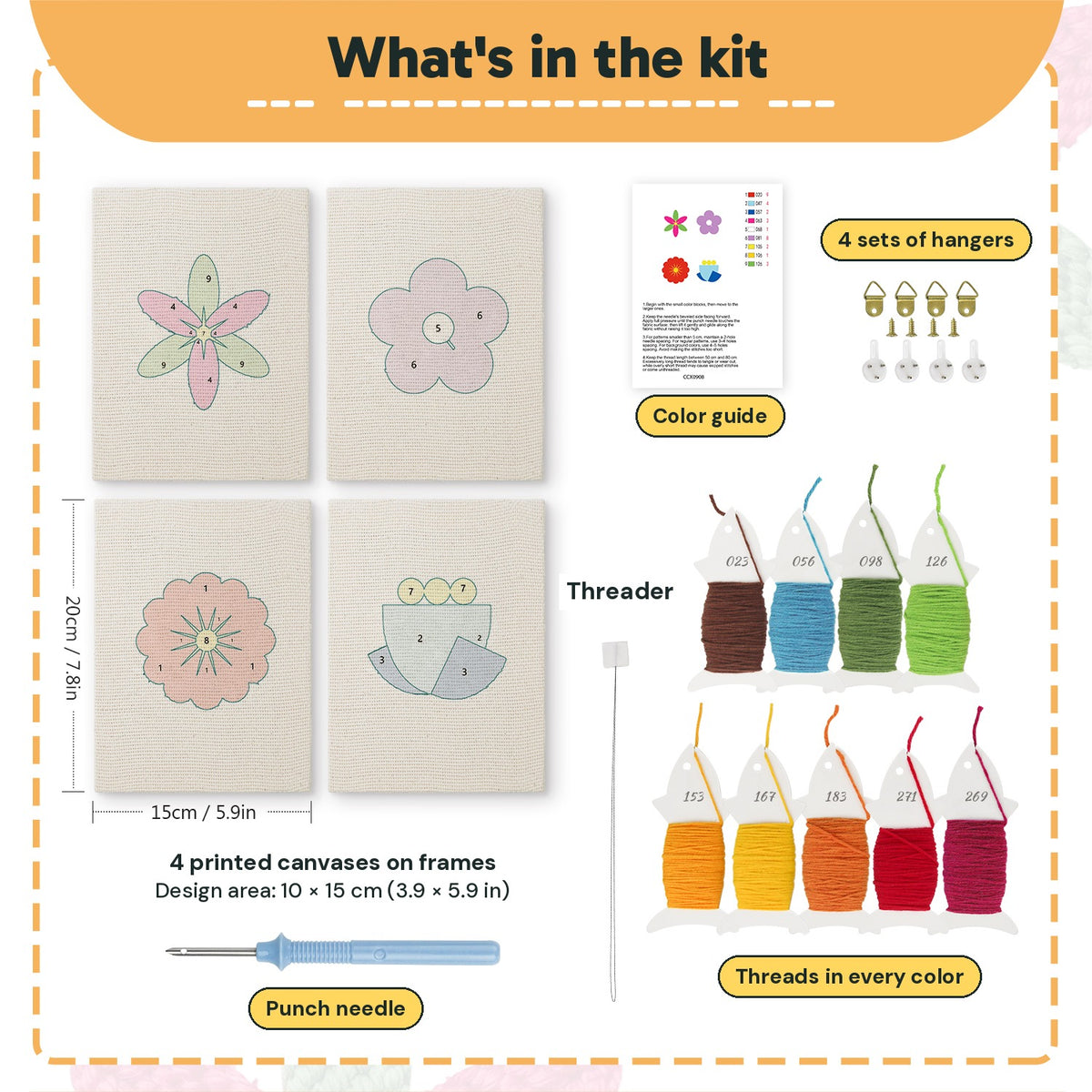 What is in the Bold Flower Heads set: 4 printed canvases, punch needle, threader, threads, color guide and 4 sets of hangers (6 × 8 in (15 × 20 cm) each)
