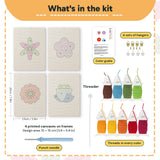 What is in the Bold Flower Heads set: 4 printed canvases, punch needle, threader, threads, color guide and 4 sets of hangers (6 × 8 in (15 × 20 cm) each)