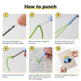 Six steps showing how to thread and use the punch needle