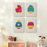 The four Bold Pattern Eggs mini canvases on a wall above a shelf