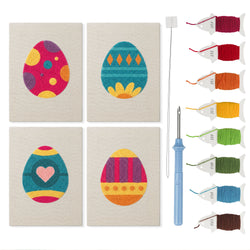 Bold Pattern Eggs mini punch needle kit set: four finished canvases with threads, punch needle and threader
