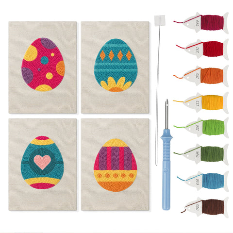 Bold Pattern Eggs mini punch needle kit set: four finished canvases with threads, punch needle and threader