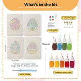 What is in the Bold Pattern Eggs set: 4 printed canvases, punch needle, threader, threads, color guide and 4 sets of hangers (6 × 8 in (15 × 20 cm) each)